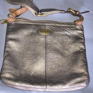 Fossil Metallic Bronze Pebble Leather Crossbody with Tan Strap Accents